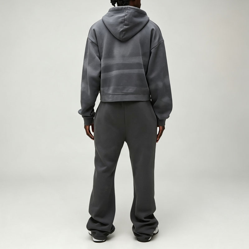 Custom Winter Sun Faded French Terry 2 Pieces Full Zip Boxy Fit Cropped Charcoal Cotton Men's Heavyweight Streetwear Tracksuit