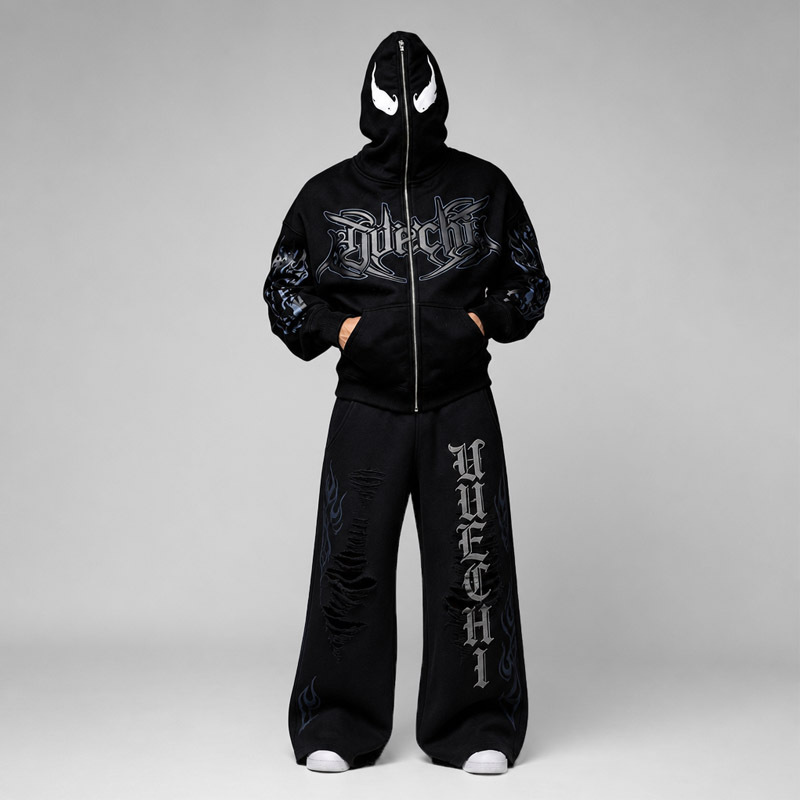 Custom Streetwear Mens Mask Full Zip Hooded 2 Piece Set Boxy Oversized Puff Print Gothic Heavy Cotton Fleece Wide Leg Tracksuit