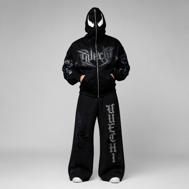 Custom Streetwear Mens Mask Full Zip Hooded 2 Piece Set Boxy Oversized Puff Print Gothic Heavy Cotton Fleece Wide Leg Tracksuit