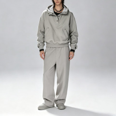 Custom Men's Henley Half Snap Hoodie Tracksuit Inner Hood Studded Heavy Fleece Wide Leg Pants Streetwear