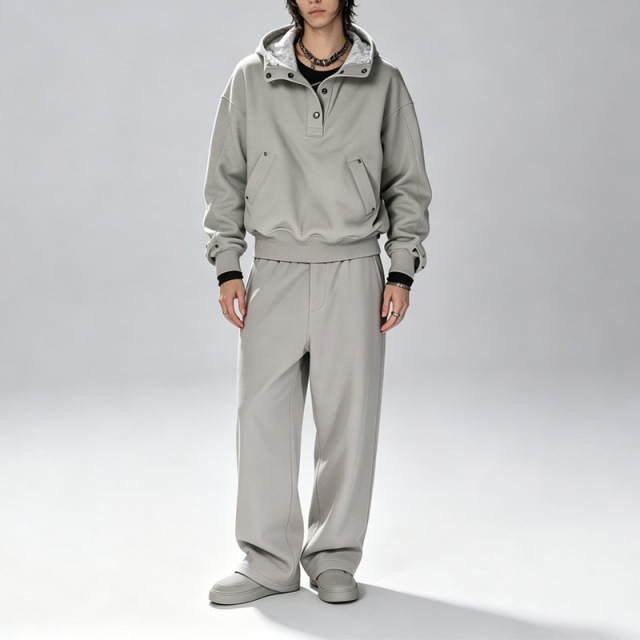 Custom Men's Henley Half Snap Hoodie Tracksuit Inner Hood Studded Heavy Fleece Wide Leg Pants Streetwear