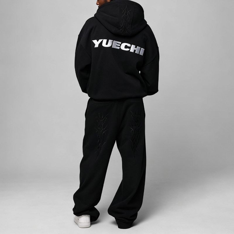 Custom Men Oversized Full Zip Hooded Tracksuit Fleece Embroidery Dropped Shoulder Elastic Waist Wide Leg Winter Streetwear