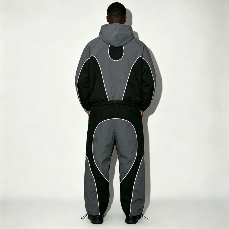 Custom Mens Color Block Contrast Piping Windbreaker Tracksuit Nylon Polyester Zip up Hooded Jacket and Wide Leg Pant Set