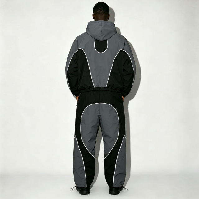Custom Mens Color Block Contrast Piping Windbreaker Tracksuit Nylon Polyester Zip up Hooded Jacket and Wide Leg Pant Set