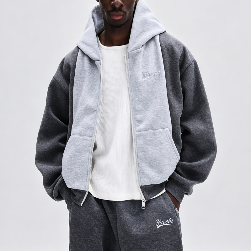 Men Color Block Fleece Lined Tracksuit Cropped Full Zip Hoodie Wide Leg Sweatpants Grey Embroidery Oversize Streetwear Casual