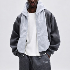 Men Color Block Fleece Lined Tracksuit Cropped Full Zip Hoodie Wide Leg Sweatpants Grey Embroidery Oversize Streetwear Casual