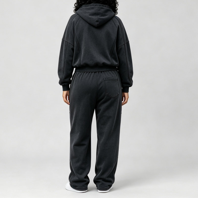Custom Men's Acid Wash 100% Cotton French Terry Zip up Hoodie Wide Leg Sweatpants Raw Edge Seam Deconstructed Street Tracksuit