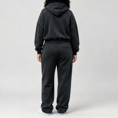 Custom Men's Acid Wash 100% Cotton French Terry Zip up Hoodie Wide Leg Sweatpants Raw Edge Seam Deconstructed Street Tracksuit