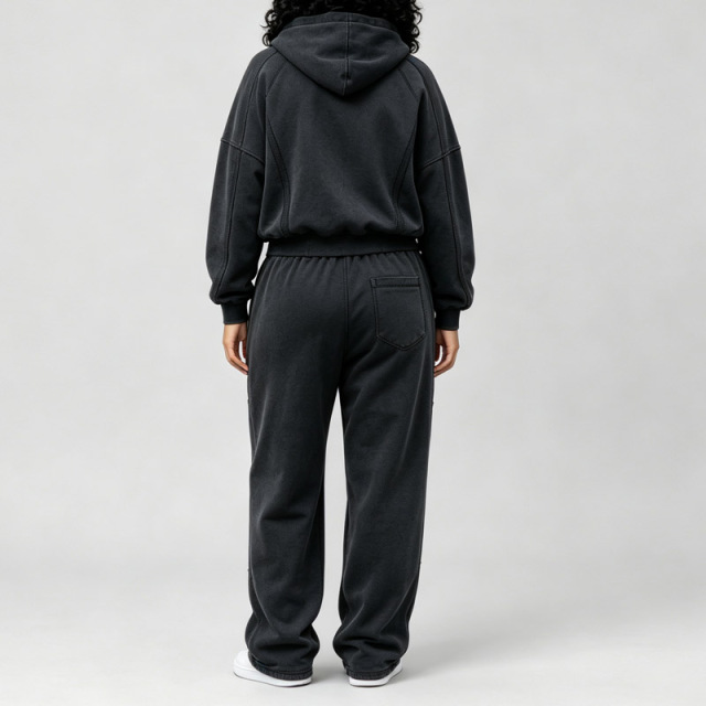 Custom Men's Acid Wash 100% Cotton French Terry Zip up Hoodie Wide Leg Sweatpants Raw Edge Seam Deconstructed Street Tracksuit