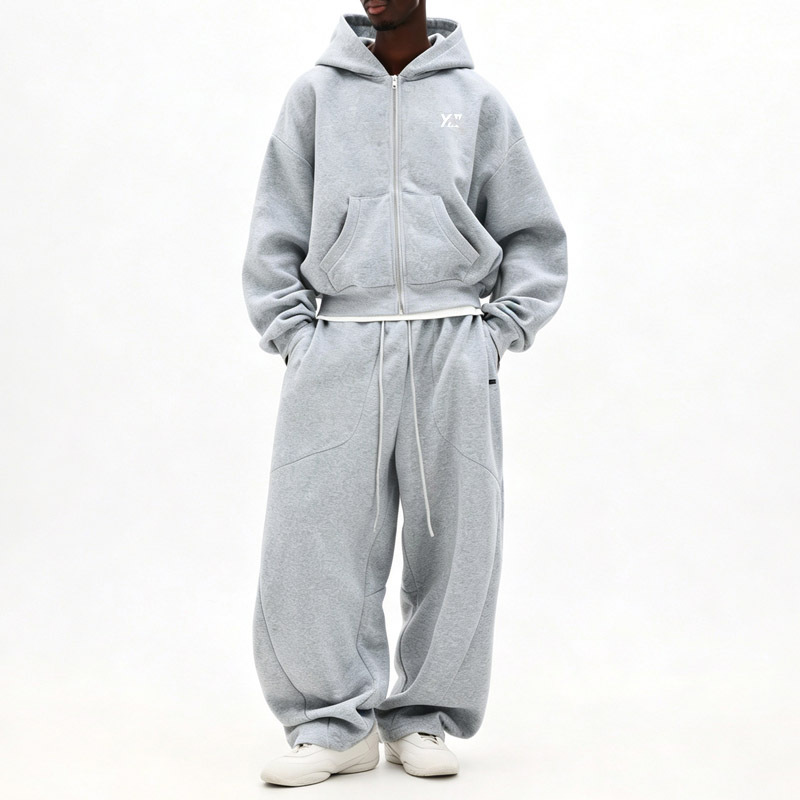 Custom Men Heather Grey Heavyweight French Terry Cropped Boxy Full Zip Hoodie Wide Leg Sweatpants Streetwear Tracksuit Set