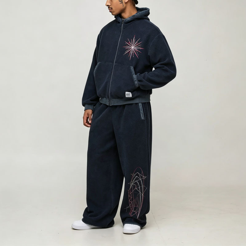 Custom Men's Cropped Zip up Hoodie Wide Leg Jogger Tracksuit Vintage Washed Fleece Star Embroidery Streetwear Two Piece Outfit