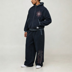 Custom Men's Cropped Zip up Hoodie Wide Leg Jogger Tracksuit Vintage Washed Fleece Star Embroidery Streetwear Two Piece Outfit