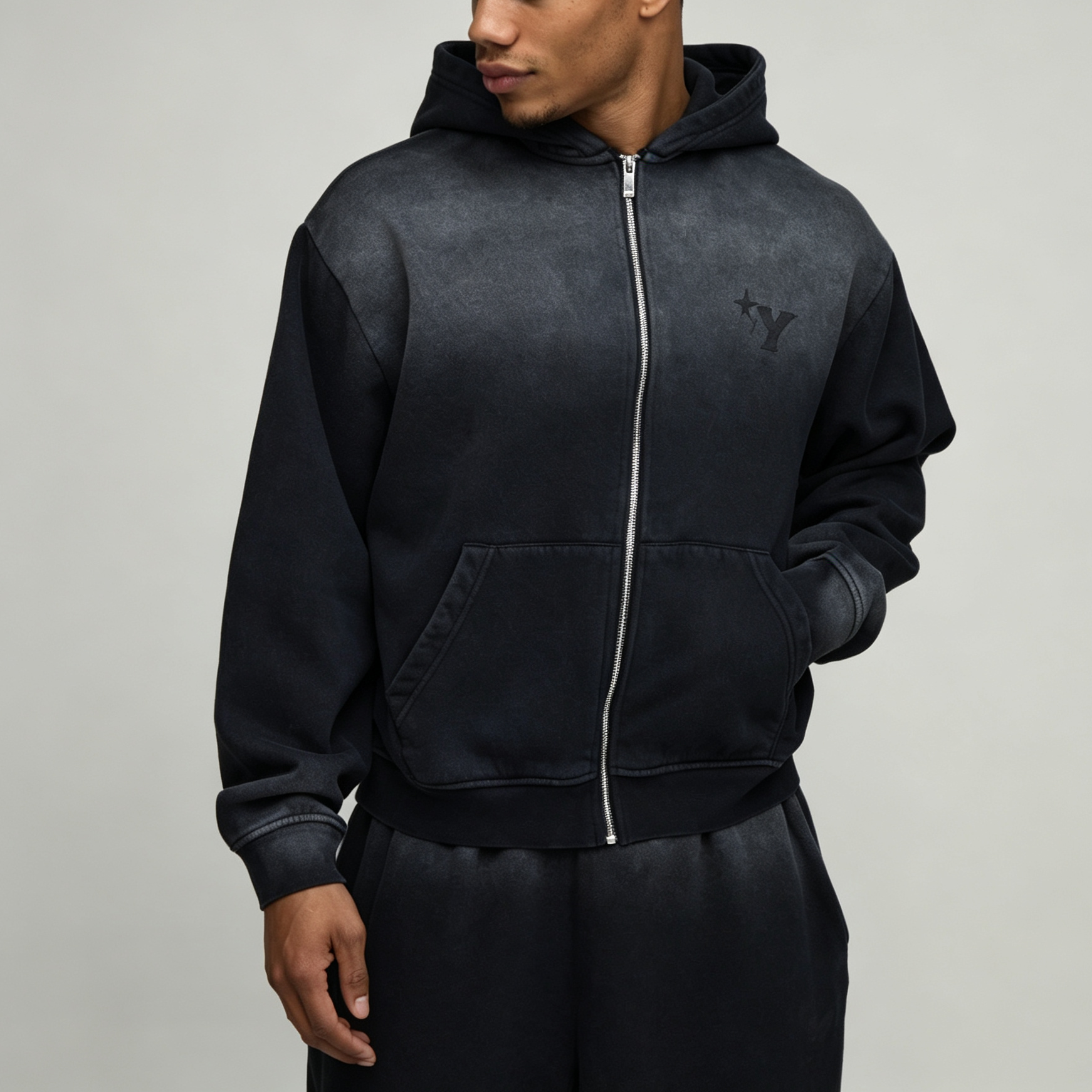 Custom Sun Faded Embroidery Full Zip Hoodie Knee Length Shorts 2 Pieces Washed Black Cotton French Terry Men's Casual Tracksuit