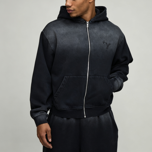 Custom Sun Faded Embroidery Full Zip Hoodie Knee Length Shorts 2 Pieces Washed Black Cotton French Terry Men's Casual Tracksuit