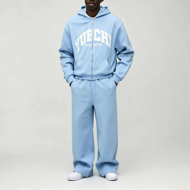 Custom 2 Pieces Full Zip up Boxy Fit Baggy Wide Leg Blue Cotton Polyester Streetwear Men's Screen Printing Tracksuit Set