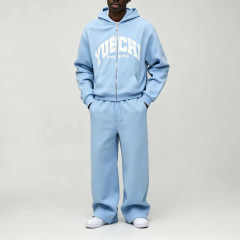 Custom 2 Pieces Full Zip up Boxy Fit Baggy Wide Leg Blue Cotton Polyester Streetwear Men's Screen Printing Tracksuit Set