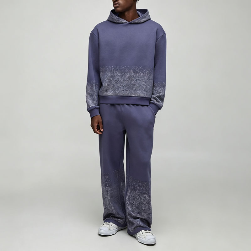 Custom Rhinestone French Terry Winter 2 Pieces Dropped Shoulder Boxy Fit Wide Leg Eco-friendly Hooded Streetwear Men's 100%