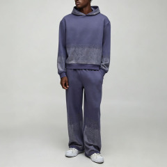Custom Rhinestone French Terry Winter 2 Pieces Dropped Shoulder Boxy Fit Wide Leg Eco-friendly Hooded Streetwear Men's 100%