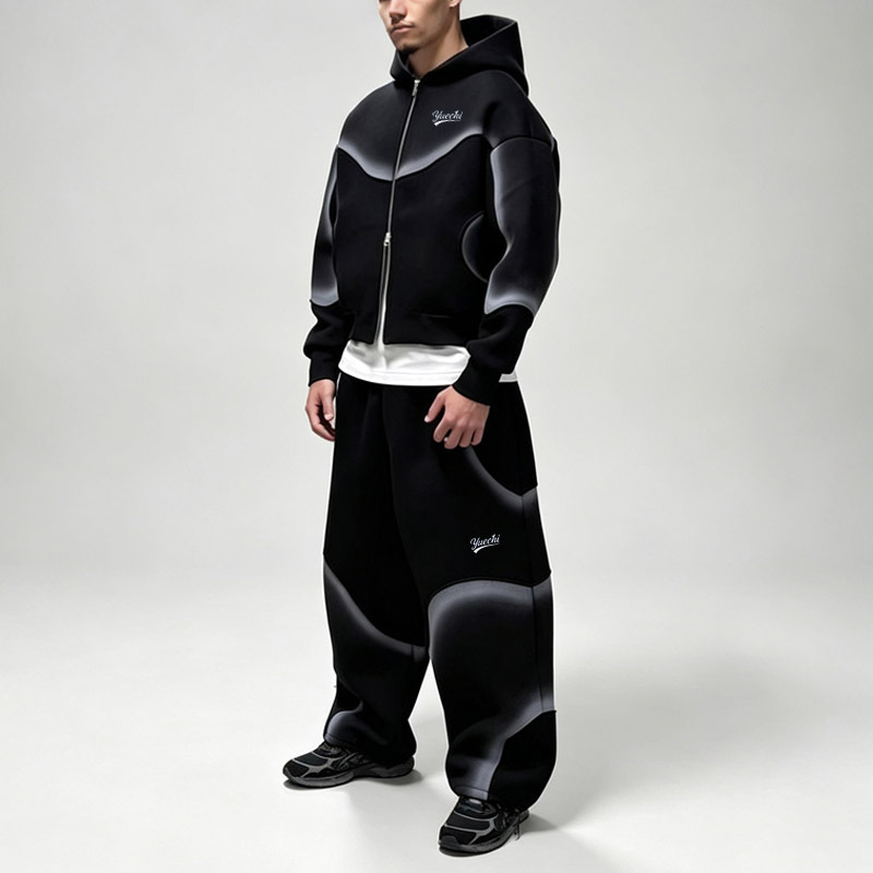 Men's Boxy Oversized Full Zip Hoodie Wide Leg Sweatpants 2 Piece Set Heavyweight Fleece Spray Paint Embroidery Street Tracksuit