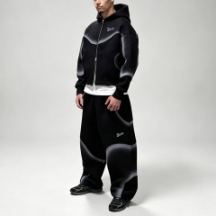 Men's Boxy Oversized Full Zip Hoodie Wide Leg Sweatpants 2 Piece Set Heavyweight Fleece Spray Paint Embroidery Street Tracksuit