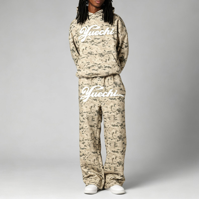 Men Boxy Dropped Shoulder Hoodie Tracksuit DTG Full Camo Print Puff Printing French Terry Elastic Waist Wide Leg Sweatpants