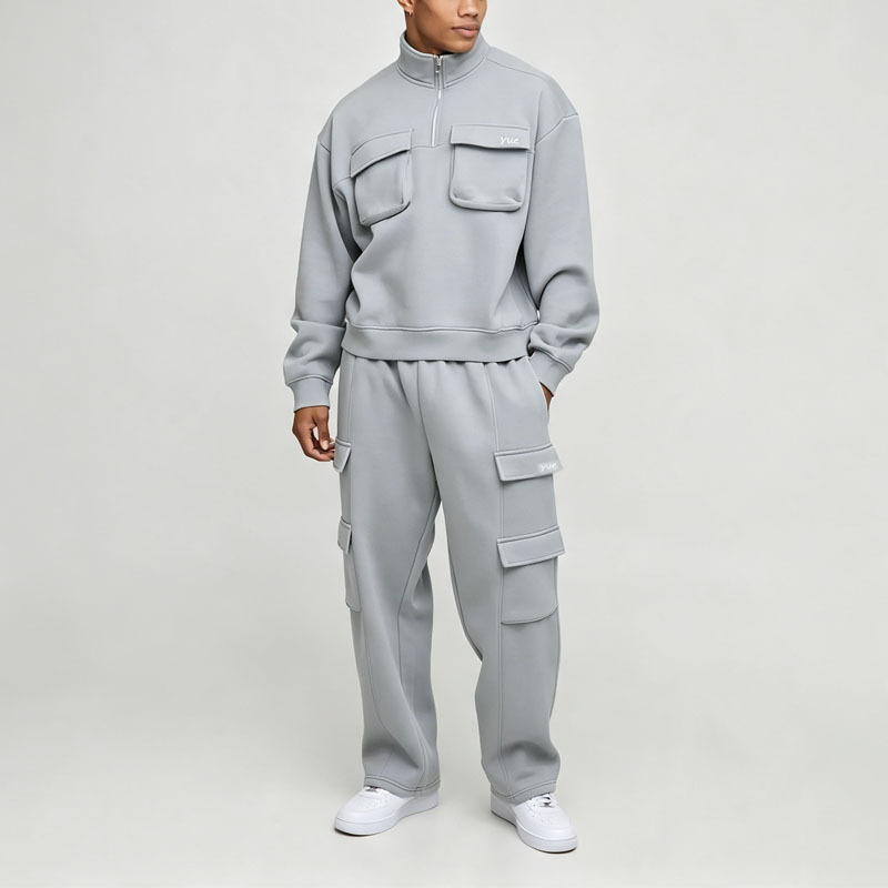 Custom Quarter Zip Funnel Neck Boxy Fit Baggy Sage Green Soft Polyester Embroidery 2 Pieces Men's Cargo Pocket Tracksuit