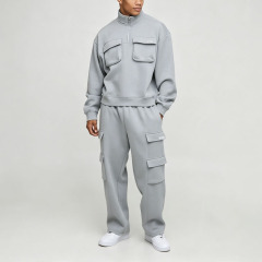 Custom Quarter Zip Funnel Neck Boxy Fit Baggy Sage Green Soft Polyester Embroidery 2 Pieces Men's Cargo Pocket Tracksuit
