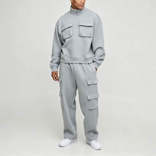 Custom Quarter Zip Funnel Neck Boxy Fit Baggy Sage Green Soft Polyester Embroidery 2 Pieces Men's Cargo Pocket Tracksuit