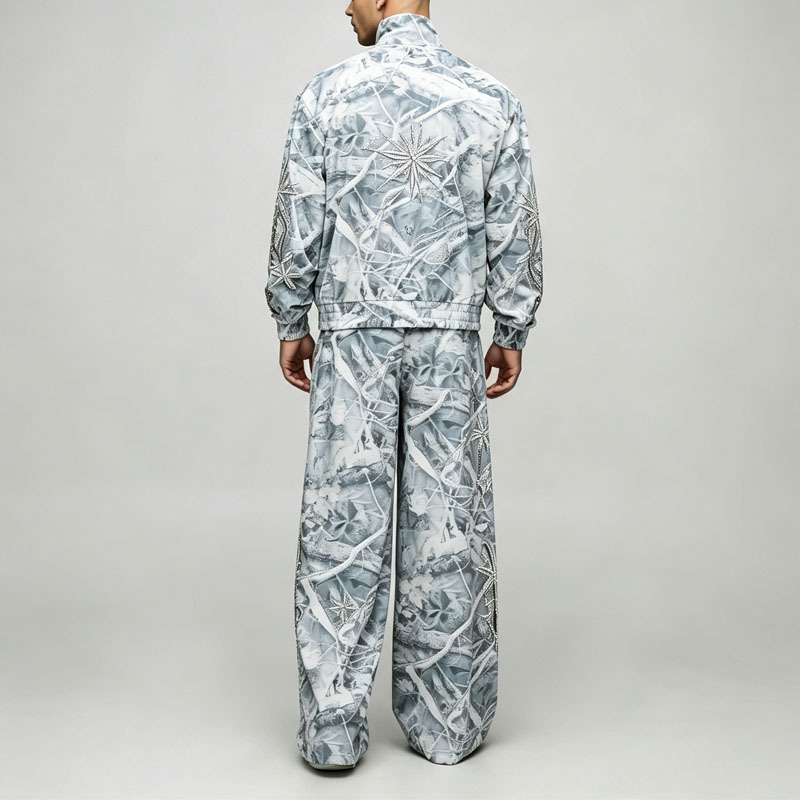 Custom All Over Print Applique Embroidery Full Zip 2 Pieces Stand Collar Wide Leg Woven Men's Lightweight Tracksuit Set