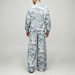 Custom All Over Print Applique Embroidery Full Zip 2 Pieces Stand Collar Wide Leg Woven Men's Lightweight Tracksuit Set