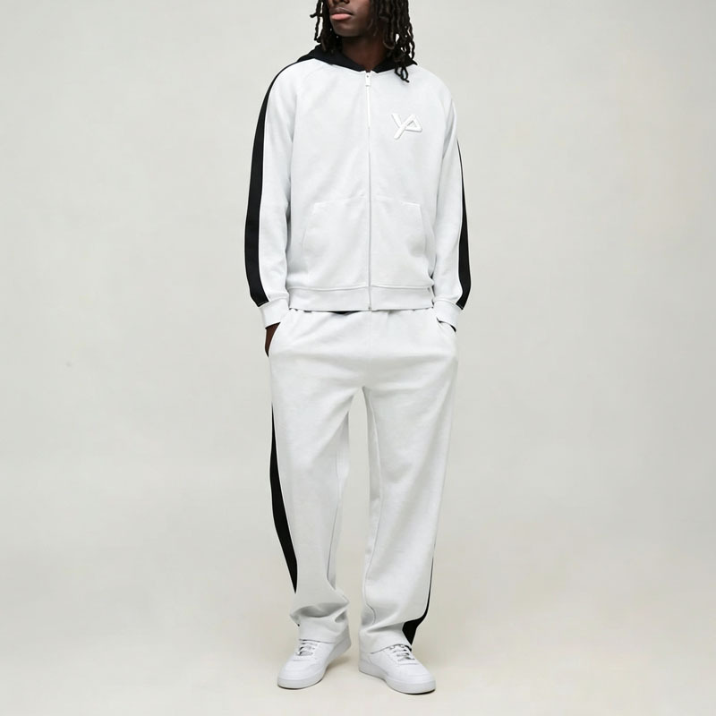 Custom Men's Color Block Panel Zip up Hoodie Relaxed Straight Jogger Tracksuit Oversized Streetwear Interlock Two Piece Set