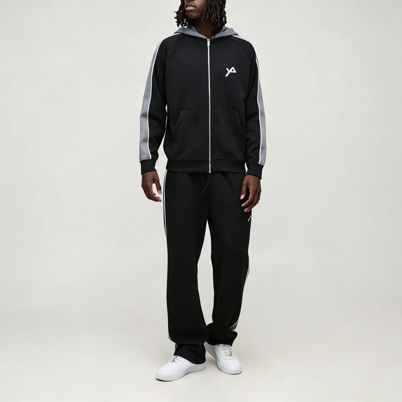 Custom Men's Color Block Panel Zip up Hoodie Relaxed Straight Jogger Tracksuit Oversized Streetwear Interlock Two Piece Set