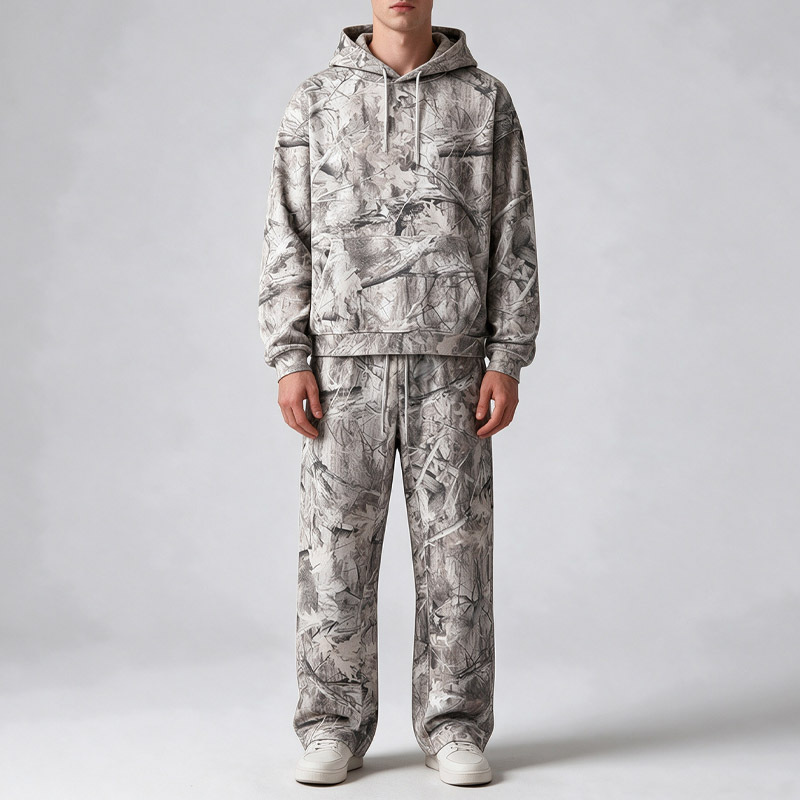 Men All Over Camo Print Full Zip Hooded Tracksuit Boxy Oversized Dropped Shoulder Silkscreen Print Streetwear Two Piece Set