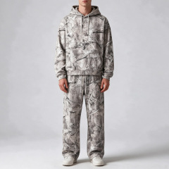 Men All Over Camo Print Full Zip Hooded Tracksuit Boxy Oversized Dropped Shoulder Silkscreen Print Streetwear Two Piece Set