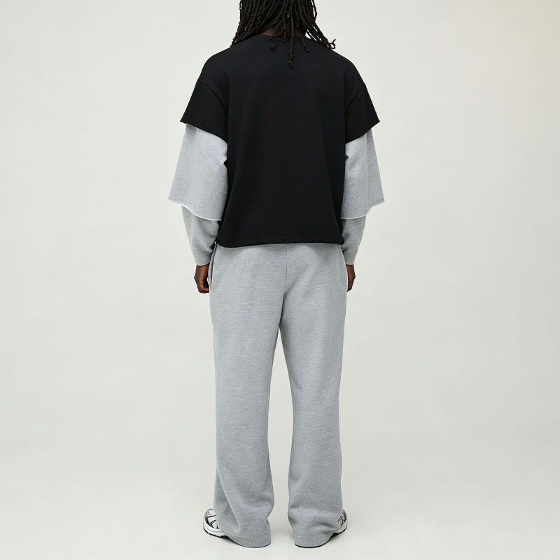 Custom Men's Oversized Boxy Triple Fake Layer Sleeve T Shirt & Wide Leg Jogger Tracksuit Loopback Fabric Crew Neck Streetwear