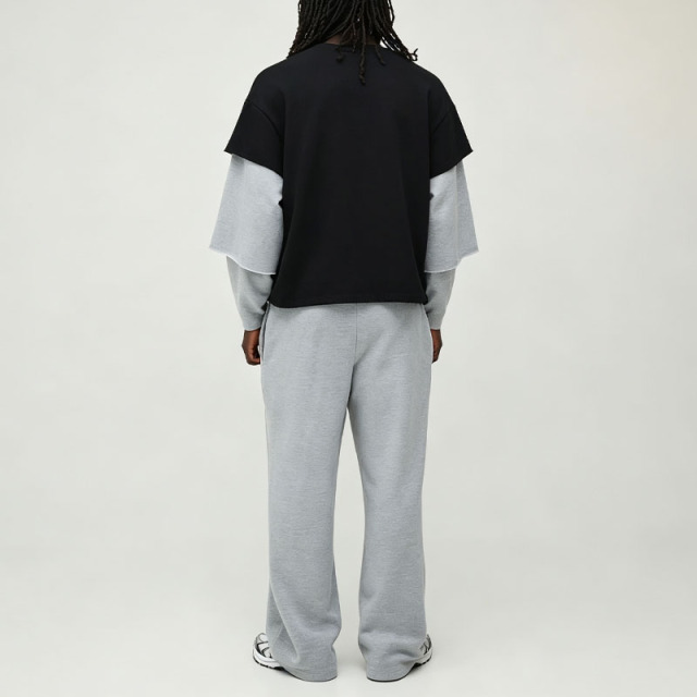 Custom Men's Oversized Boxy Triple Fake Layer Sleeve T Shirt & Wide Leg Jogger Tracksuit Loopback Fabric Crew Neck Streetwear