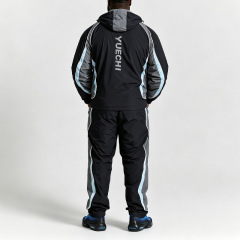 Custom Men Woven Nylon Full Zip Hooded Tracksuit Contrast Piping Breathable Mesh Lining Relaxed Fit Lightweight Two Piece Set