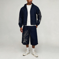 Men Washed Embroidered Denim Two Piece Set Zip up Hooded Cropped Denim Jacket Wide Leg Denim Shorts 100% Cotton Streetwear