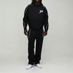 Custom Made Embroidery Logo Contrast Piping French Terry Boxy Fit 2 Pieces Pullover Hoodie Wide Leg Joggers Men's Tracksuit