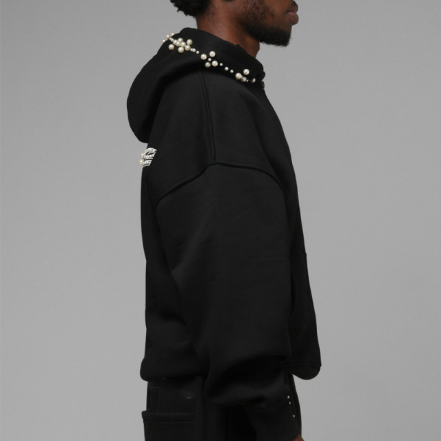 Streetwear Mens Full Zip Tracksuit Black 100% Cotton Jersey Drop Shoulder Hoodie Beaded Embroidered Baggy Wide Leg Sweatpants