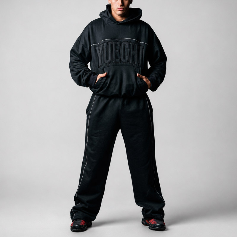 Men's Heavyweight French Terry Hoodie Wide Leg Sweatpants Oversized Drop Shoulder Applique Reflective Piping Street Tracksuit