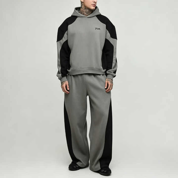 Custom Men's Oversized Boxy Fit Colour Block Hoodie Tracksuit Panel Hooded Jogger Embroidery Soft Jersey Streetwear Two Piece