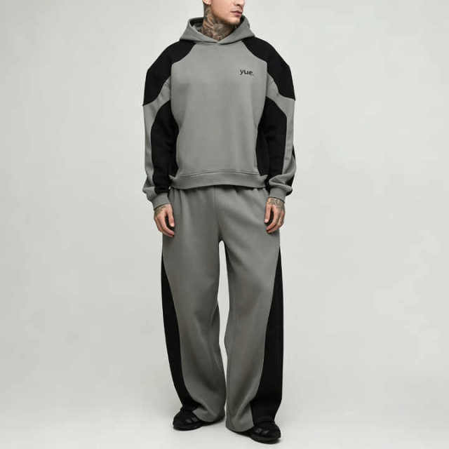 Custom Men's Oversized Boxy Fit Colour Block Hoodie Tracksuit Panel Hooded Jogger Embroidery Soft Jersey Streetwear Two Piece