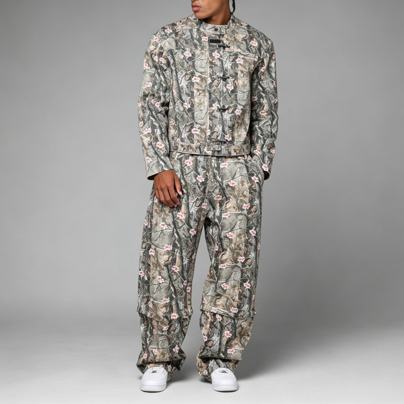 Heavyweight Mens Full Print 2 Piece Outfit Jacket Set Boxy Cropped Stand Collar Fireman Clasp Baggy Wide Leg Cargo Pants Street