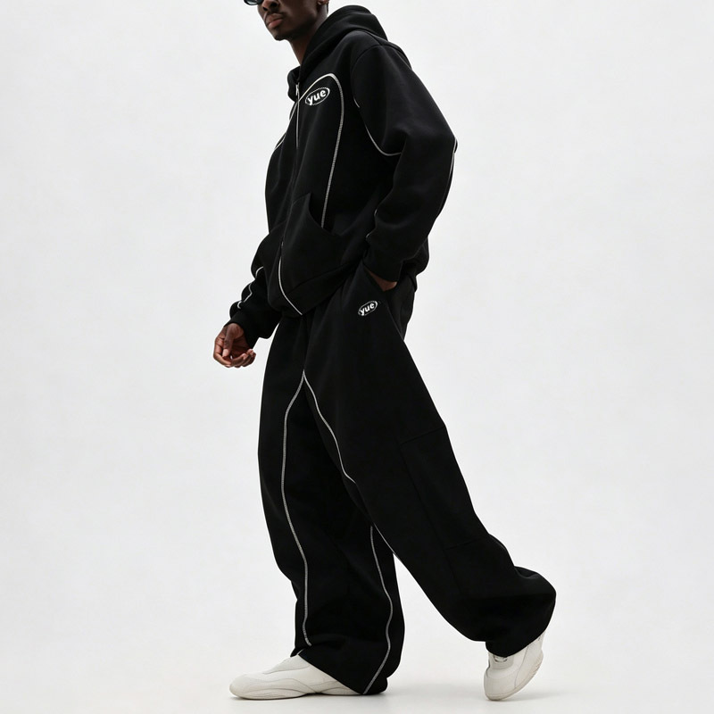 Custom Men's Oversized Full Zip Tracksuit Heavyweight French Terry Contrast Stitching Puff Printing Baggy Two Piece Streetwear