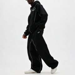 Custom Men's Oversized Full Zip Tracksuit Heavyweight French Terry Contrast Stitching Puff Printing Baggy Two Piece Streetwear
