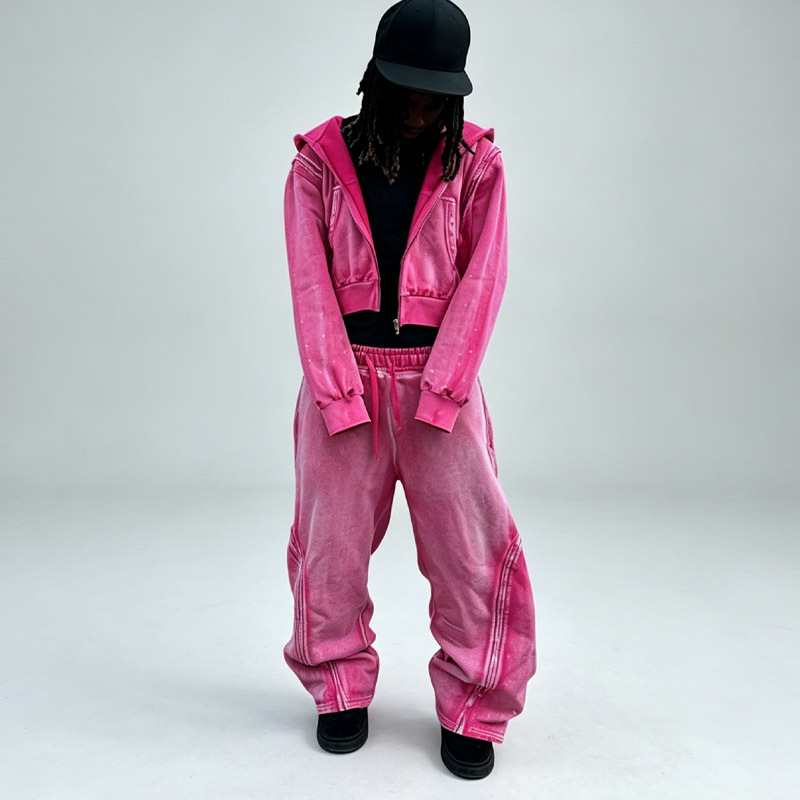 Custom Men's Sun Faded Detachable Sleeve Tracksuit Rhinestone Embellished Cropped Zip up Hoodie Wide Leg Sweatpants 100% Cotton