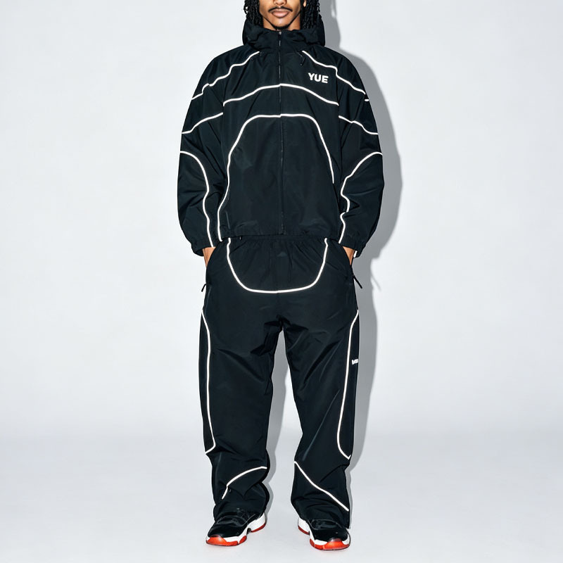 OEM Custom logo Men's Waterproof Reflective Windbreaker Nylon Polyester Zip up Track Jacket and Pants Set Tracksuit