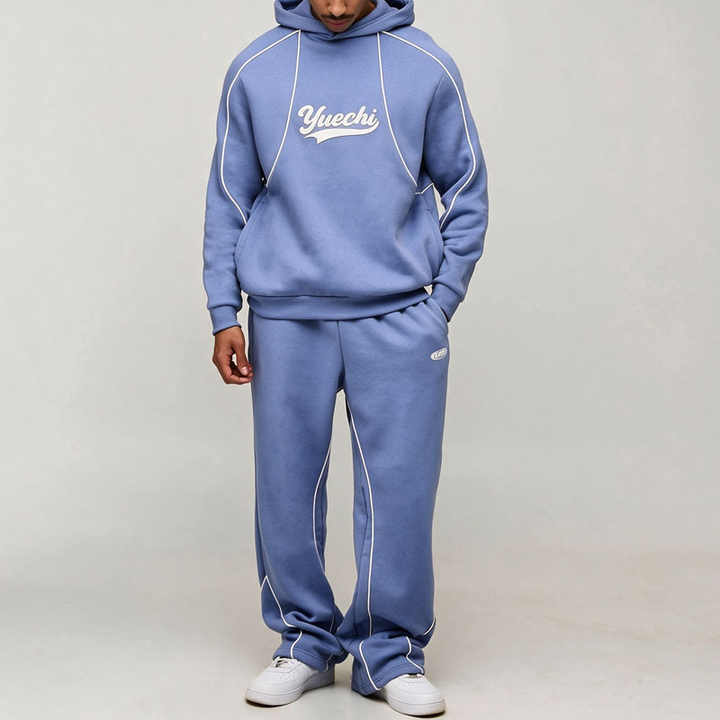 Custom Oversized French Terry 3D Puff Printing Streetwear Two Piece Contrast Piping Pullover Hoodie Wide Leg Men's Tracksuit Set