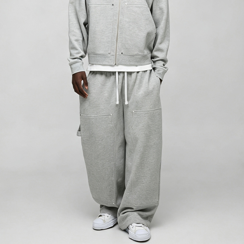 Custom Studded Rivet Metal Detail Boxy Fit Cropped Wide Leg Baggy Grey Cotton Men's Heavyweight Fleece Winter Streetwear